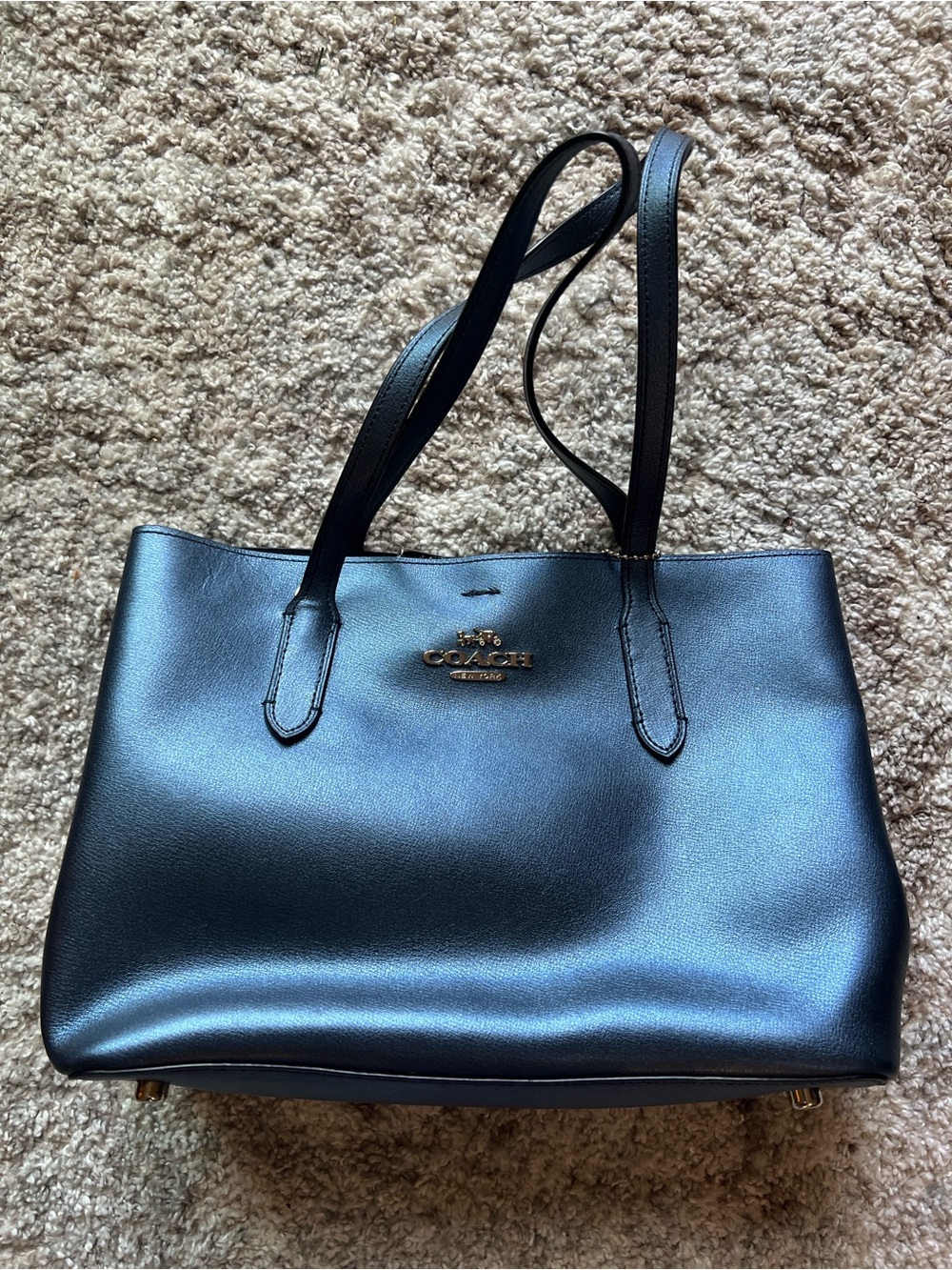 Coach Blue Leather Tote with Gold Logo Hardware